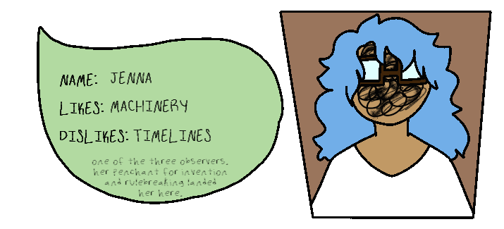 A card. It reads NAME: Jenna. LIKES: machinery. DISLIKES: timelines. one of the three observers. her penchant for invention and rulebreaking landed her here.
